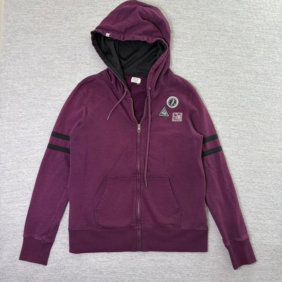 Volcom Tops - Volcom Women Full Zip Hoodie Small Purple Athletic Varsity Stripes Graphic Patch